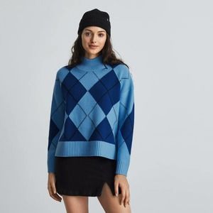 Everlane Blue Argyle Turtleneck Sweater